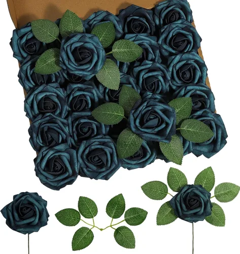 Miniatura 35 de DuHouse 25 rosas artificiales con tallos, flores de espuma de tacto real para bricolaje, ramo de boda, centro de mesa, arreglo floral, fiesta, Verde