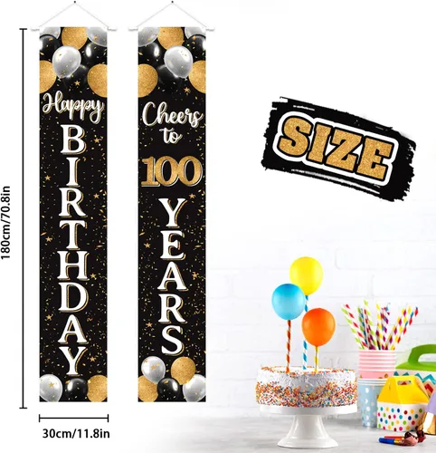 Miniatura 2 de Decoración de feliz cumpleaños número 100, globo negro y dorado número 100 para colgar en la puerta, letrero para colgar en la puerta, suministros