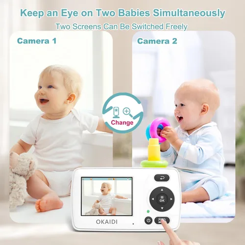 Miniatura 6 de OKAIDI Monitor de video para bebés con 2 cámaras, pantalla de viaje portátil de 2.4 pulgadas, transmisión de largo alcance de 1000 pies, monitor