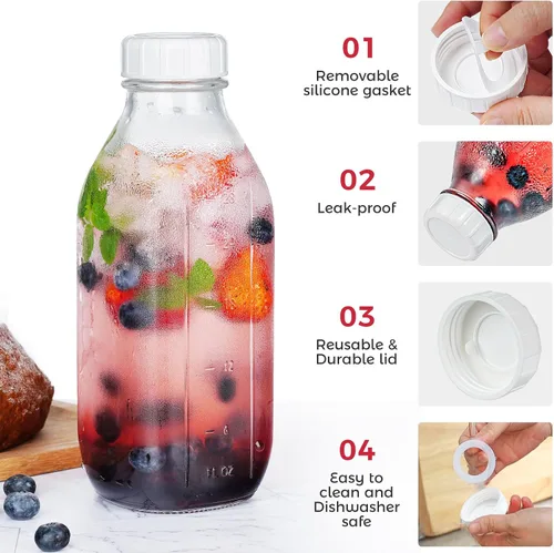 Miniatura 4 de Botellas de leche de vidrio reutilizables de 32 onzas con tapa dispensadora de silicona, paquete de 2 frascos de vidrio con tapa hermética de rosca