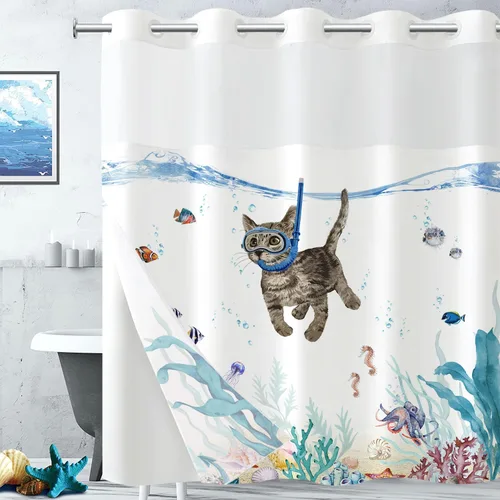 Miniatura 12 de Divertida cortina de ducha para perro, verde azulado, azul, mar, océano, impermeable, cortinas de ducha para baño con animales, pulpo, estrella