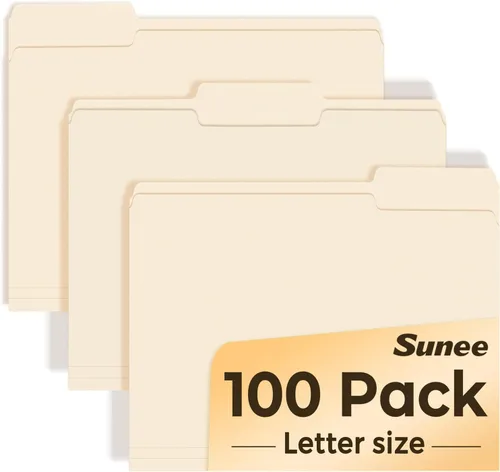 Carpetas de manila SUNEE tamaño carta (8.5 x 11 pulgadas), 100 por caja, pestaña de corte 1/3 para fácil etiquetado y organización, papel estándar
