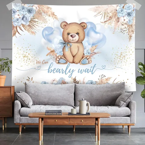 Miniatura 5 de Telón de fondo de baby shower con diseño de oso para baby shower, estilo bohemio, flor azul con texto en inglés "We can Bearly Wait", globos