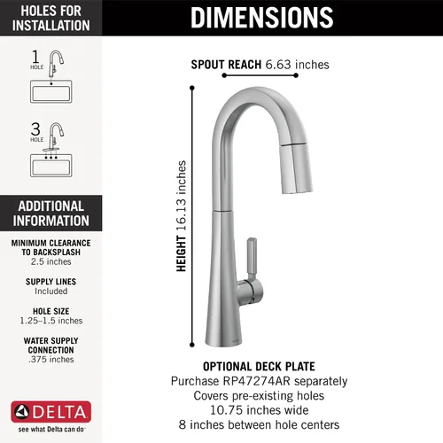 Miniatura 4 de Delta Lumicoat Arctic Stainless 9991-AR-PR-DST - Grifo de barra de níquel cepillado, grifo de barra para fregadero de bar, grifo para fregadero