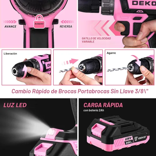 Miniatura 4 de Juego de herramientas de taladro eléctrico rosado: taladro eléctrico inalámbrico de 20 V, controlador, caja de herramientas con batería