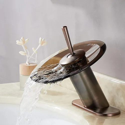 Grifo de baño cascada de latón macizo de vidrio de una sola manija de un solo agujero lavabo lavabo grifo de baño, corto, bronce aceitado Bronce