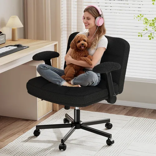 Miniatura 12 de DurayLoly Silla Criss Cross con Ruedas, Silla de Oficina con Reposabrazos Levadizos, Silla de Tocador para Dormitorio, Oficina en Casa, Apartamento