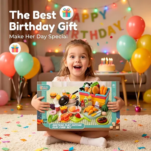 Miniatura 5 de HOLYFUN Juego de juguetes de comida para niños, cesta de la compra con accesorios de corte de frutas y verduras, olla y sartén, platos de plástico