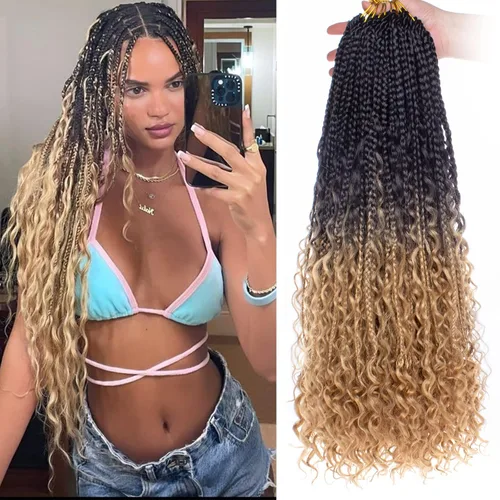 Miniatura 25 de Unionbeauty - 8 paquetes de trenzas bohemias de diosa en caja, de ganchillo de pelo para mujer negra, 8 pulgadas de trenzas de caja bob bohemias