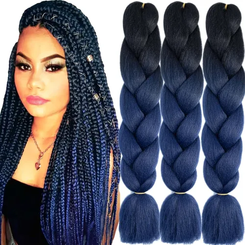 Miniatura 51 de 3 paquetes de extensiones de cabello sintético para trenzar de color negro a azul, tamaño jumbo ombré, de 24 pulgadas o trenzas de ganchillo