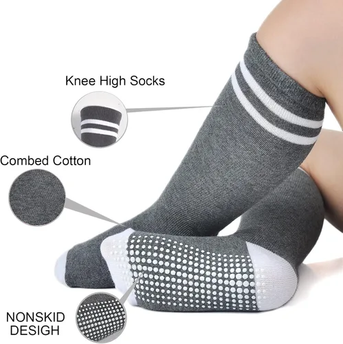 Miniatura 2 de EPEIUS Calcetines altos hasta la rodilla con agarre antideslizante Toddller Athletic Stripe Team Tube Calcetines para niños y niñas, paquete de 5