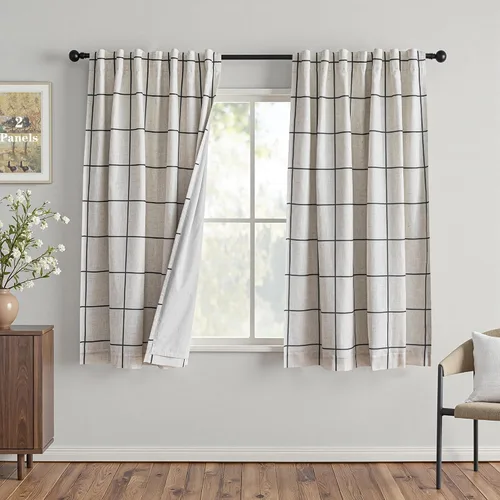 Miniatura 18 de MYSKY HOME Cortinas de Lino a Cuadros 100% Opacas de 45 Pulgadas de Largo de Doble Capa Estilo Granja con Aislamiento Térmico Estampado a Cuadros