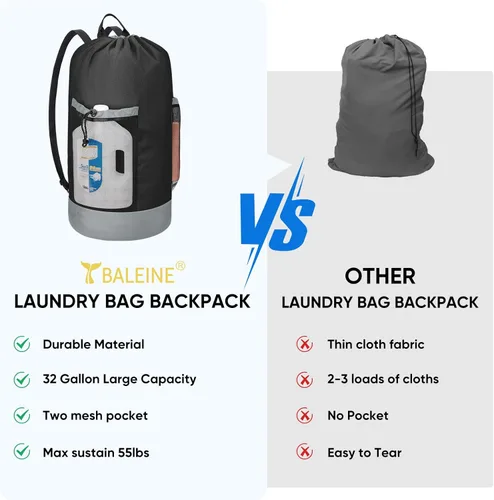 Miniatura 5 de BALEINE Mochila Bolsa de Lavandería de 120L, Tela Oxford 900D Bolsas Grandes de Lavandería de Viaje con Correas para el Hombro y 2 Bolsillos de Negro