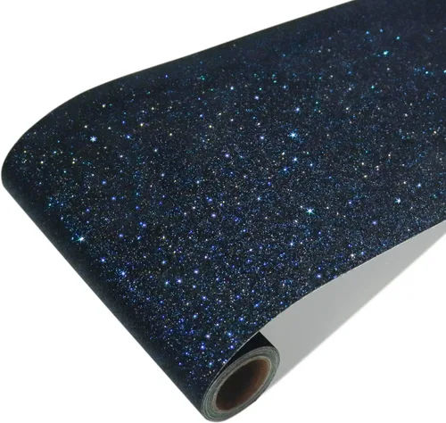 CRE8TIVE Papel Tapiz con Purpurina Negro Azul Adhesivo y Despegable 8"x354" Borde de Papel Tapiz con Purpurina Tela Brillante Espumosa Borde de