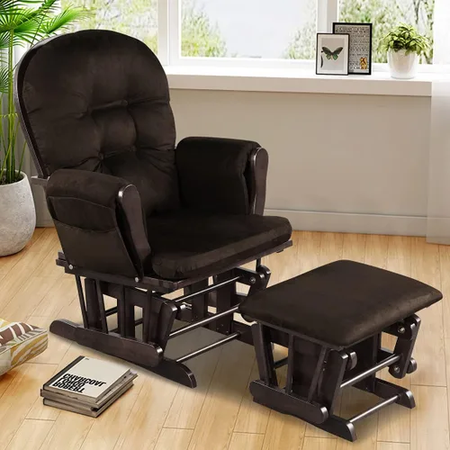 Costzon Juego de mecedora y otomana, mecedora de madera para guardería, mecedora de enfermería cómoda tapizada con bolsillo de almacenamiento, Marrón