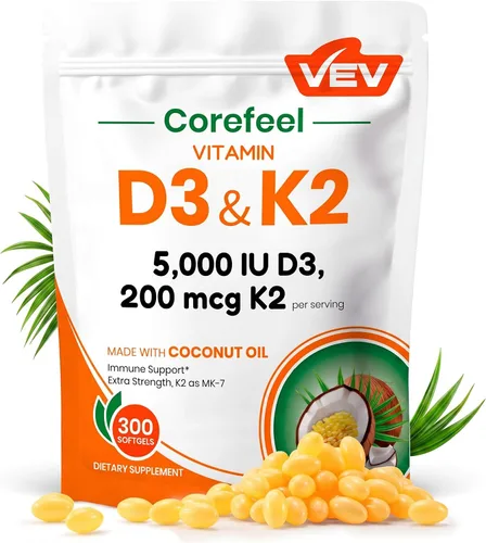 VEV Corefeel Vitamina D3 K2, 5000 UI D3 100mcg K2 (MK-7), 300 cápsulas blandas, suplemento de vitamina D y K 2 en 1 con aceite de coco, fácil de