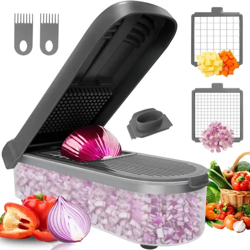 Miniatura 9 de LHS Picador multifuncional de alimentos, cebolla, cortador de verduras, cortador de papas, picador de verduras con recipiente (4 en 1, negro)