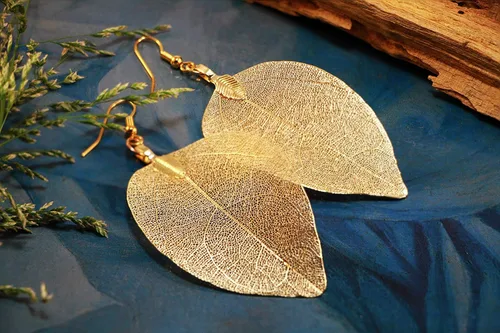 Miniatura 5 de Joyas de hoja de oro rosa y plata para mujer. Pendientes de hoja natural y collares circulares colgantes. Elegantes conjuntos de joyas colgantes.