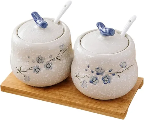 2 tarros de cerámica retro para condimentos, 13.5 onzas, de porcelana, para condimentos, azucareros, con tapas, cucharas y bandeja de madera para 2