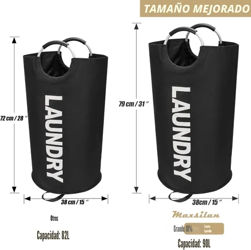 Miniatura 3 de Maxsilan - Cesta de lavandería grande de 90 L, cesta de ropa alta independiente, bolsa de lavandería plegable, color negro