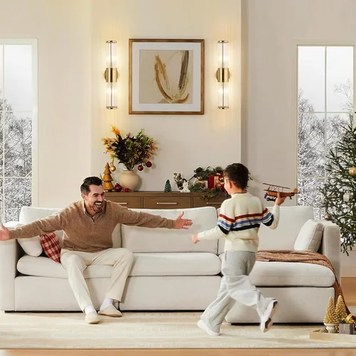 Miniatura 7 de Moderna lámpara de tocador de latón cepillado, aplique de pared con doble varilla de vidrio para baño, base de candelabro E12, iluminación de Latón