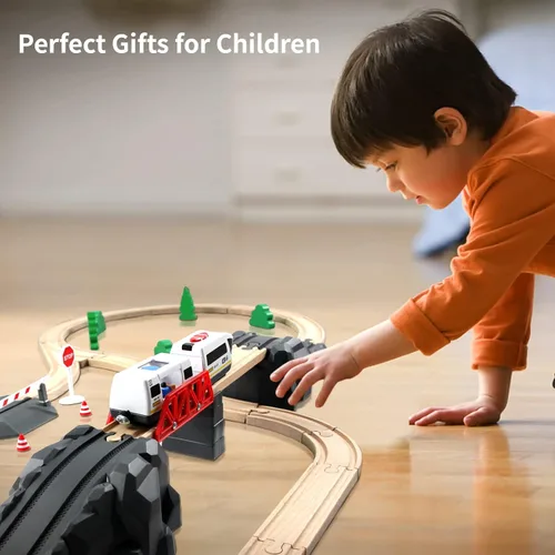 Miniatura 2 de WOOD CITY Tren a pilas para pista de madera, juego de tren de locomotora eléctrica con potente motor compatible con Thomas, Brio, Chuggington