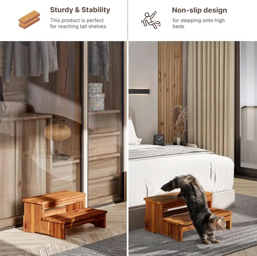 Miniatura 4 de TINAMO Taburete de 25 pulgadas de largo para adultos y niños, taburete de dos escalones de madera de acacia, 500 libras, elevador de madera de 2