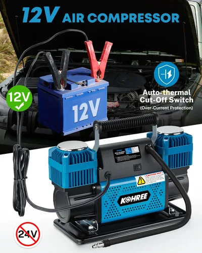 Miniatura 3 de Kohree Compresor de aire de doble cilindro de 12 V, inflador rápido de neumáticos de 12.35 pies³/min, bomba de neumáticos portátil resistente