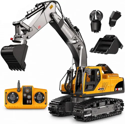 Juguetes de excavadora con control remoto, 3 en 1 con cubeta de metal/garra/taladro, gira 680° - Juguetes de construcción con luces/2 baterías