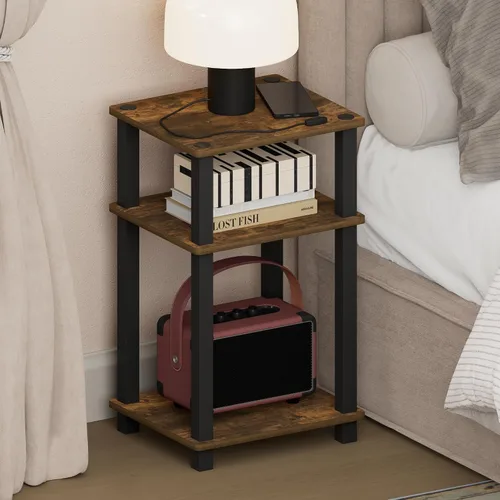 Miniatura 31 de Furinno Mesa de Noche Simplista, Mesita de Noche Pequeña de 2 Niveles con Estante Abierto, Mesa de Cabecera de Montaje sin Herramientas, Mesa