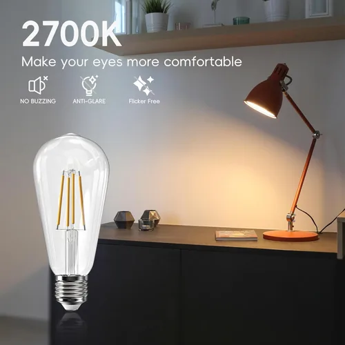 Miniatura 8 de Bombillas Edison Jensense LED E26 de 6W equivalente a 60 vatios, bombillas LED vintage CRI90+ ST19, bombillas de luz clara regulables, 2700K blanco