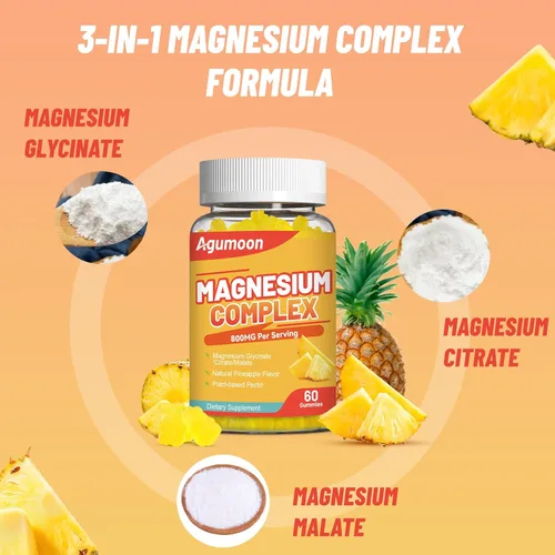 Miniatura 4 de Gomitas complejas de magnesio de 800 mg con zinc y vitaminas B6, B12, C, D3, 60 gomitas de piña, glicinato de alta absorción, citrato, malato, sin