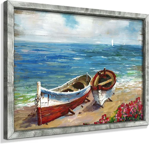 Miniatura 15 de Pintura enmarcada de paisaje marino: arte abstracto del océano, imagen costera, impresiones de veleros en madera en estilo moderno para decoración
