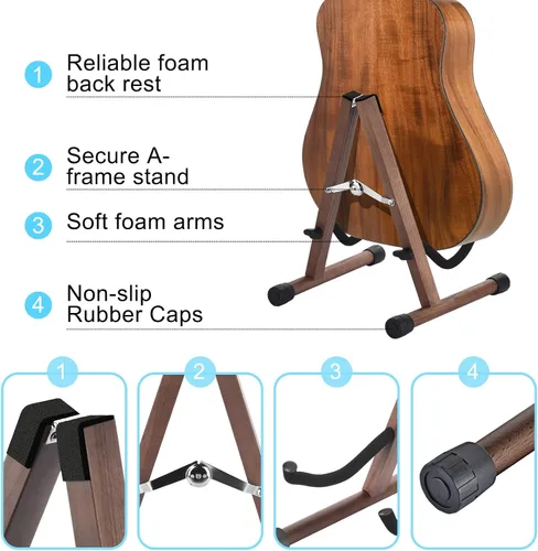 Miniatura 7 de DOMMI Soporte de madera para guitarra eléctrica con goma antideslizante y brazos de espuma suave, marco en A plegable portátil para guitarras