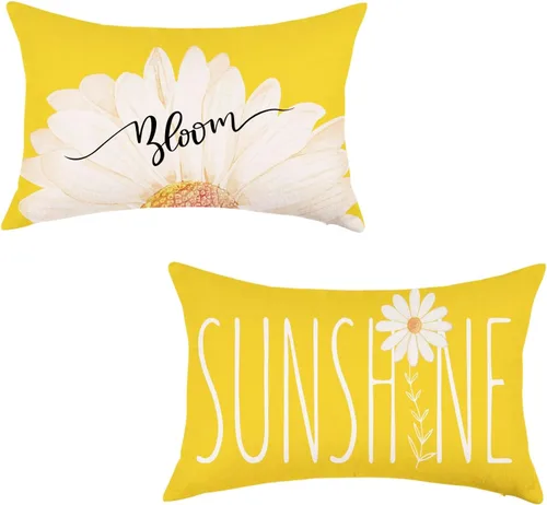 Miniatura 10 de ONWAY Juego de 2 fundas de almohada lumbar de primavera y verano de 16 x 16 pulgadas, fundas de almohada decorativas de margaritas de color amarillo