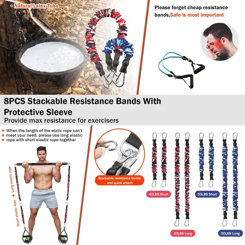 Miniatura 4 de DASKING Juego de bandas de resistencia portátiles para gimnasio en casa con 8 bandas antiroturas, barra de pilates desmontable de 500 libras,