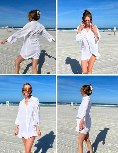 Miniatura 5 de UNibelle Camisas de lino de algodón para mujer, estilo casual, con botones, para playa, para cubrir el traje de baño