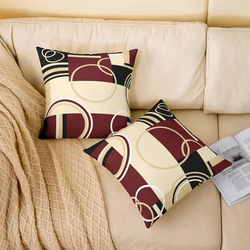 Miniatura 2 de Fundas de almohada geométricas modernas con rayas en rojo, marrón y negro, diseño retro de círculos y remolinos, juego de 4 fundas de almohada de 16