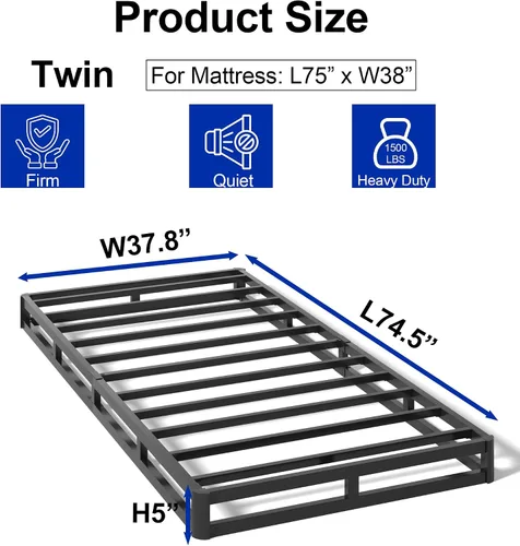 Miniatura 2 de Somier de 5 Pulgadas para Cama Individual, Base de Colchón Metálica Resistente con Funda de Tela, Montaje Fácil, Capacidad de 680 kg