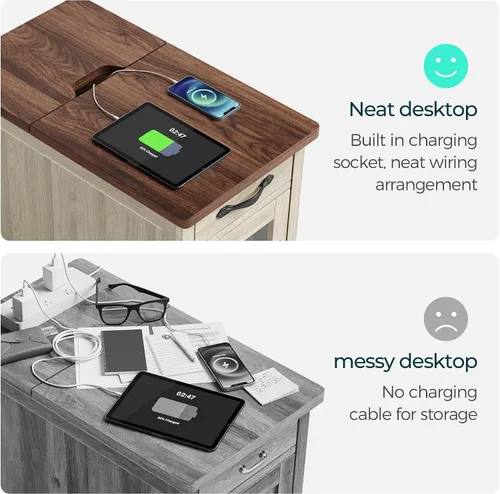 Miniatura 8 de LINSY HOME Juego de 2 mesas auxiliares con estación de carga, mesa auxiliar moderna de estilo granja para sofá, mesa de noche de madera para sala
