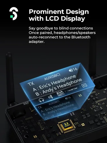Miniatura 4 de SOOMFON Transmisor Bluetooth de antena dual para TV Bluetooth 5.3 receptor 3 en 1 a 2 auriculares con pantalla LCD Control de volumen óptico AUX RCA