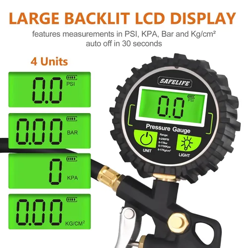 Miniatura 4 de SAFELIFE Medidor Digital de Presión de Neumáticos con Inflador, Portabrocas de Aire de 250 PSI con Manómetro y Accesorio Inflador de Neumáticos