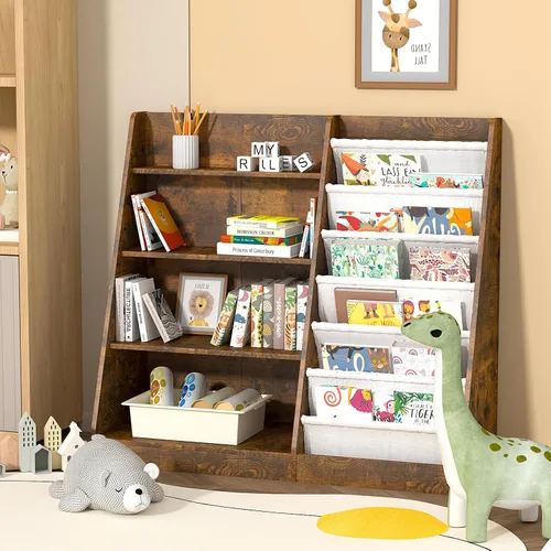 Miniatura 17 de Estantería de 4 niveles para niños de madera, estantería de cinco capas para libros de niños, estante de almacenamiento para bebés y niños pequeños