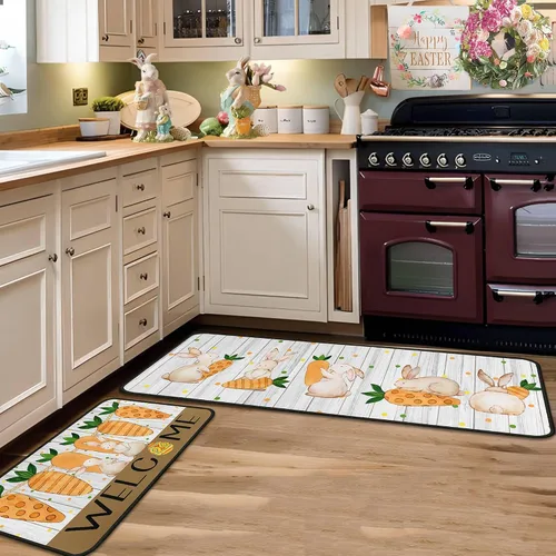 Miniatura 7 de Juego de 2 alfombras y tapetes de cocina de conejo de zanahoria y conejo, decoración de Pascua antideslizante, decoración de Pascua para el hogar