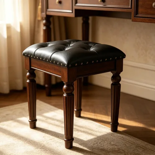 Miniatura 4 de Taburete de tocador blanco con asiento de cuero copetudo y patas de madera maciza talladas, banco de tocador de fácil montaje, taburete