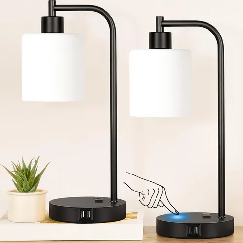 Miniatura 12 de Juego de 2 lámparas de mesa con control táctil industrial - Lámparas de mesita de noche en níquel cepillado con 2 puertos USB y enchufe de CA