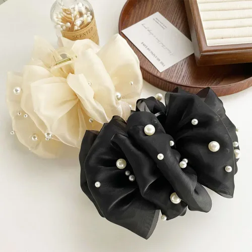 Miniatura 7 de Jaczora 2 pinzas para el pelo de seda de gasa, pinza grande de perlas con lazos, accesorios para el cabello para mujeres y niñas