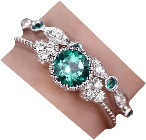 Miniatura 6 de Fashion - Juego de 2 anillos de plata de ley 925 con esmeralda natural, corte redondo, circonita cúbica, anillo de compromiso clásico de eternidad
