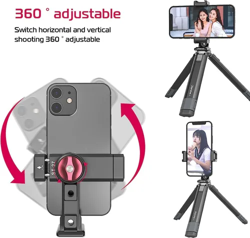 Miniatura 9 de Soporte de trípode de metal para teléfono, 3 zapatos fríos y puerto de arca, adaptador de trípode para teléfono inteligente de 360 ° para iPhone 17