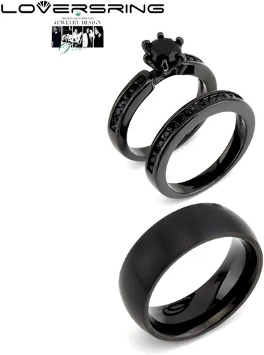 Miniatura 2 de LOVERSRING - Juego de anillos de boda para pareja, para ella y para él, anillo para mujer chapado en oro de color negro y de 18 quilates